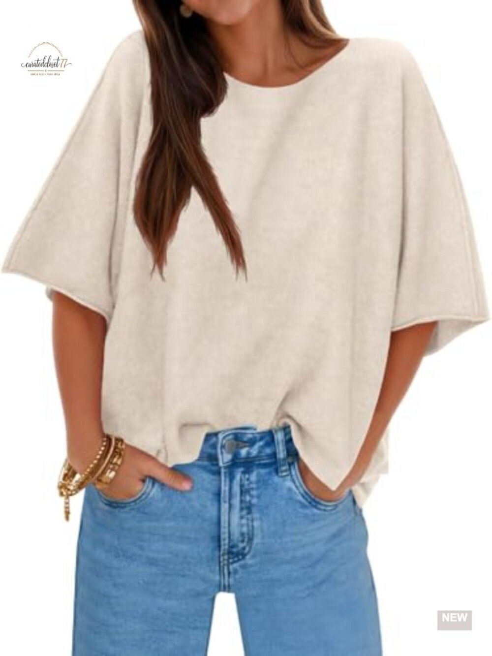 Oversized Half Sleeve Knit Pullover Sweater Boat Neck Casual Top